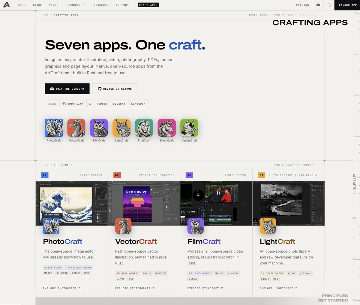 « Seven apps. One craft. » : la page d'ArtCraft, sept clones libres des logiciels d'Adobe