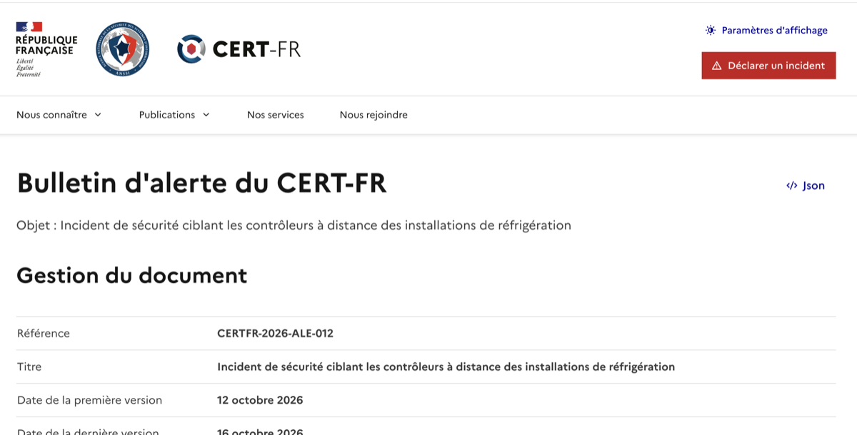 Le bulletin d'alerte du CERT-FR sur les contrôleurs de réfrigération