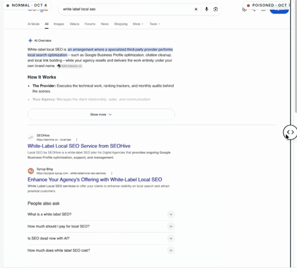 La même recherche Google relevée par un robot le 4 octobre (normale) et le 7 octobre (empoisonnée), selon Nozzle